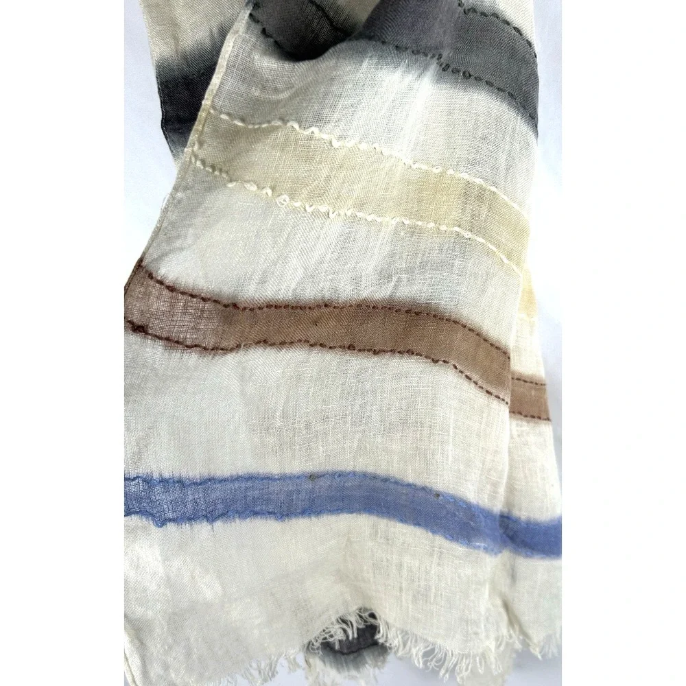 NWT Altea 100% Linen Large Striped Scarf Fringe Neutral Lightweight Italy